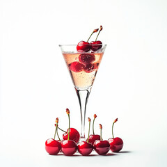 Drink in a conical cocktail glass with cherries on a white background, conceptual image for design and advertising projects.