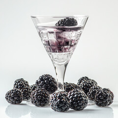 Drink in a conical cocktail glass with blackberries on a white background, conceptual image for design and advertising projects