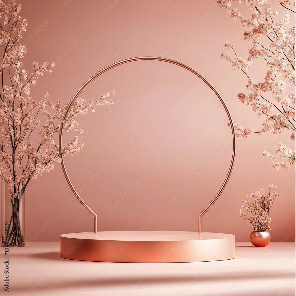 Aufkleber a minimalist display featuring a circular stand against a soft pink background with delicate flowers