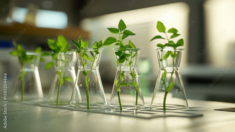 Poster pea plants in erlenmeyer flasks on a lab bench, representing botanical research and controlled growt