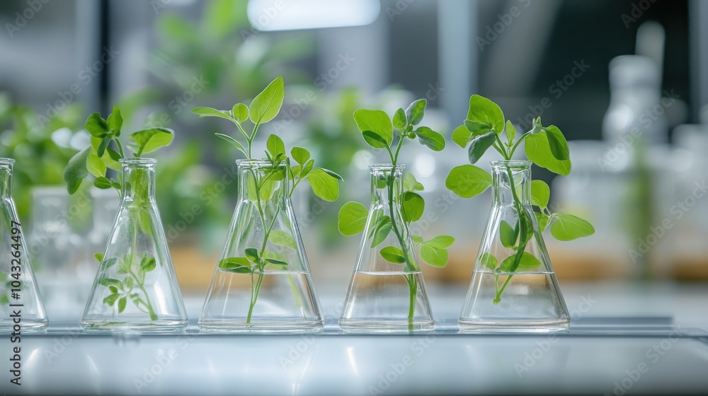 Poster pea plants in erlenmeyer flasks on a lab bench, representing botanical research and controlled growt