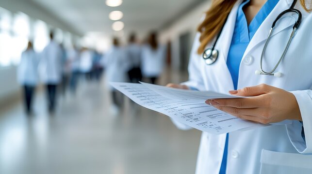A healthcare professional in a lab coat examines a document while standing in a bustling hospital corridor. The atmosphere reflects a typical day in a medical facility - Powered by Adobe