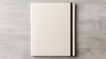 Fototapeta premium A plain notebook with a textured cover and black elastic band lies flat on a light wooden surface.