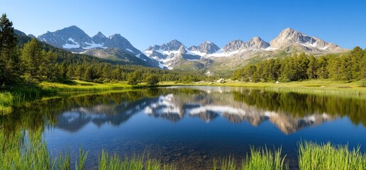Fototapeta premium Still mountain lake reflecting the sky and snow-capped peaks.