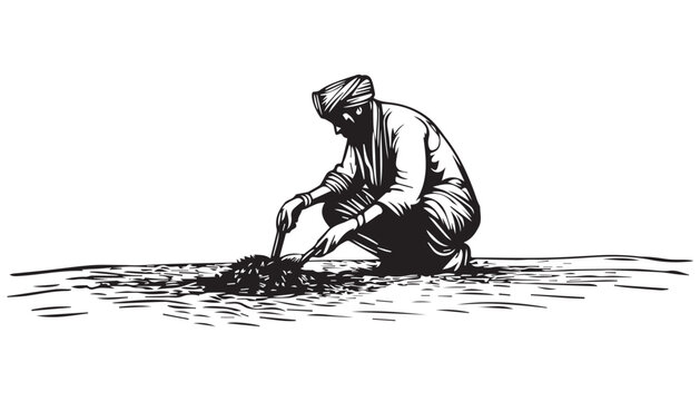 Vintage Illustration of Indian Farmer Working in Field - Black and White Woodcut Art