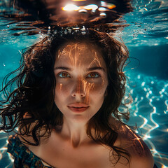 Woman underwater with dark hair, magical light reflections on her face, concept of beauty and nature