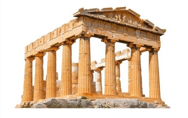 Obraz premium Classical Greek temple with columns standing tall against a plain white background, showcasing the beauty of ancient architecture in a modern style