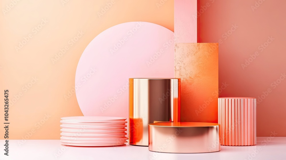 Aufkleber an arrangement of geometric shapes and cylindrical objects in soft pink and orange hues, creating a 