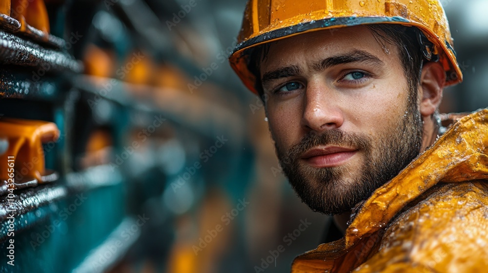 Aufkleber a man in a yellow jacket with a hard hat on. he is smiling and looking at the camera