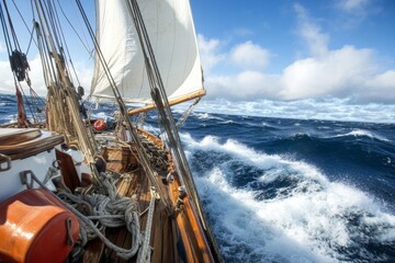 Dynamic view of a sailboat navigating through rough open seas, capturing the adventure and beauty of ocean sailing under a clear sky.