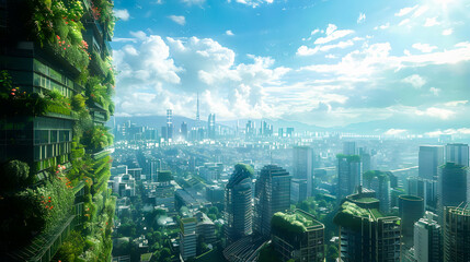 A futuristic, vertical city concept with lush greenery, sustainable living, and towering buildings