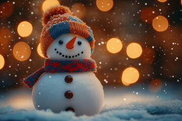 A snowman dressed in colorful winter attire, standing in the snow. The warm, glowing minimal blurred bokeh in the background