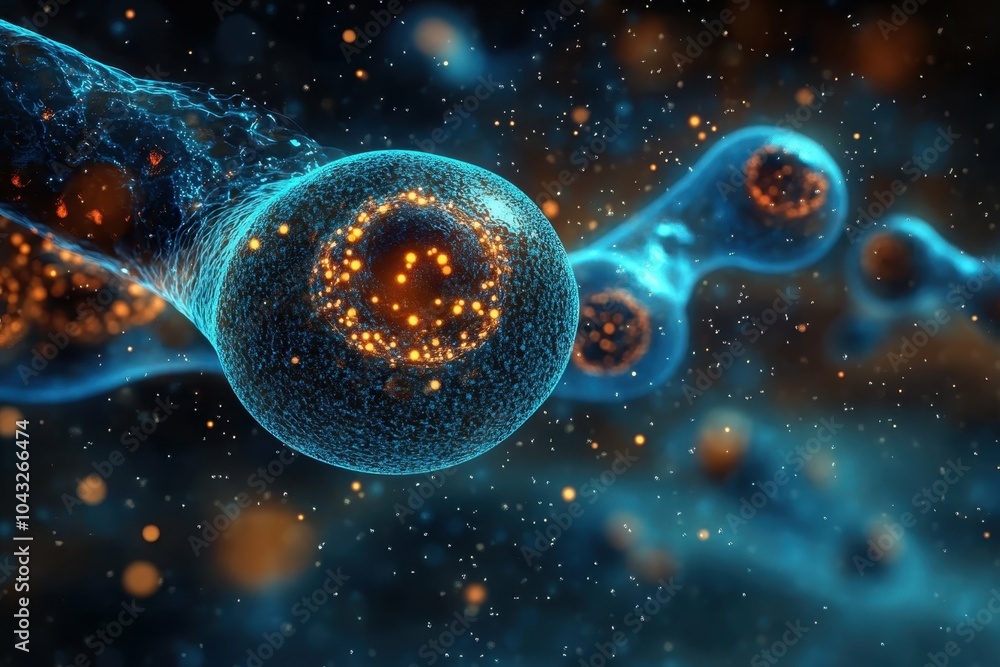 Poster a detailed 3d model of a stem cell highlighting its structure and components rendered in vibrant col