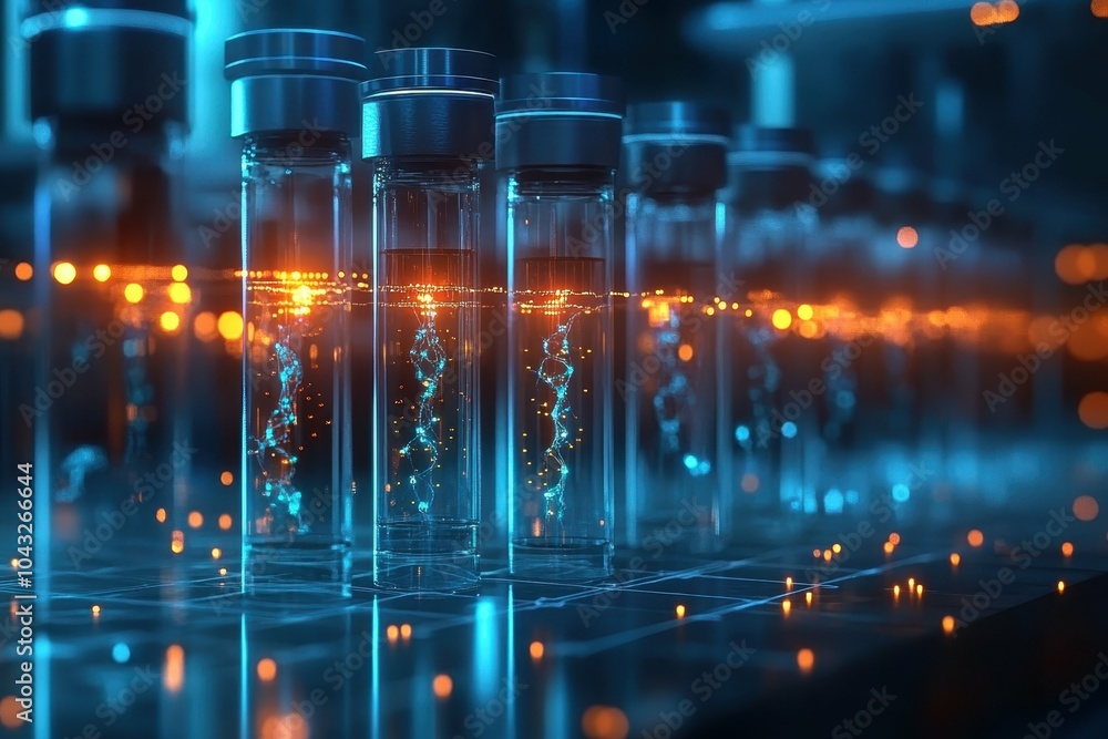 Poster a futuristic lab where stem cells are being used to regenerate damaged tissues in real-time rendered
