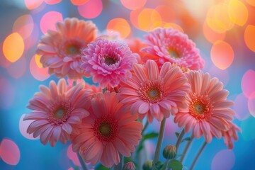 Fototapeta premium Brightly colored flowers in a vase with bokeh lights in the background