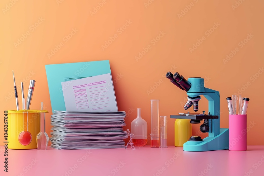 Poster a selection of research papers on stem cell studies stacked next to a microscope and a set of lab to