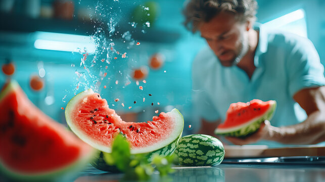 Banner capturing vibrant watermelon festivity in vivid aqua culinary domain web with exuberant zest and flair