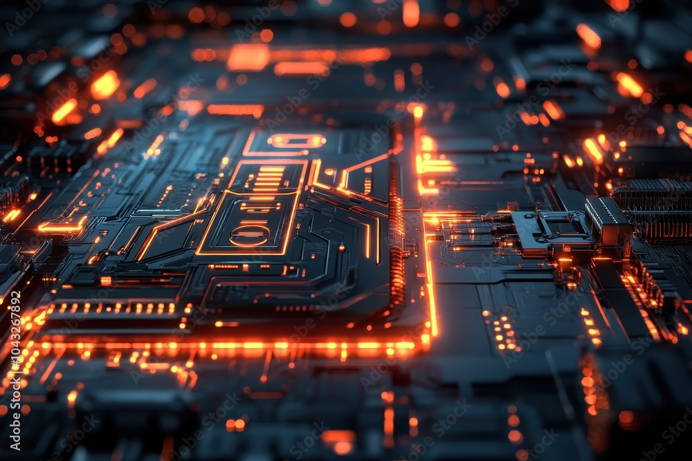 Poster intricate circuit board illuminated by glowing orange lines in a high-tech environment
