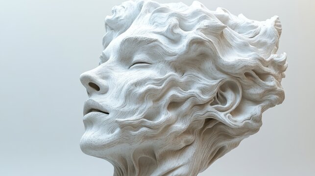A white sculpture of a face with a flame on it