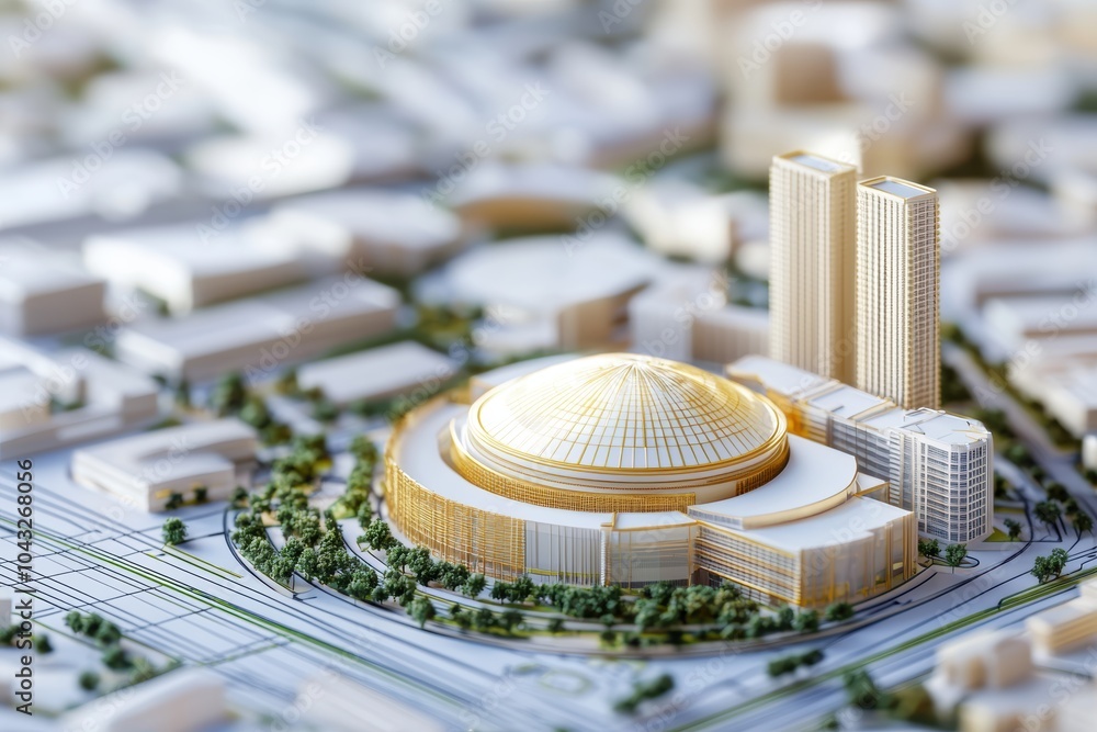 Poster high-tech architectural design with a 3d structure and surrounding technical blueprints, focusing on
