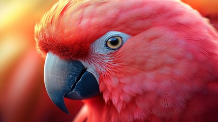 A close up of a red parrot with a yellow beak