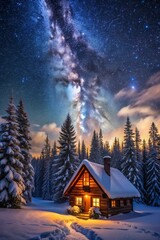 Fototapeta premium Serene cabin in a snowy forest, illuminated under the bright stars and Milky Way, creating a peaceful wallpaper background.
