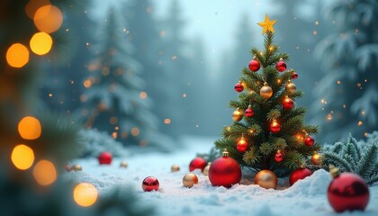 Obraz premium 3D holiday product display featuring a festive fir tree and beautiful ornaments creating a magical winter atmosphere.