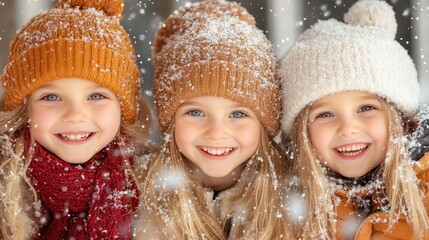 Three smiling girls in winter hats, surrounded by falling snow, exuding joy and warmth in a festive winter setting.