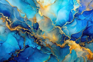 Rich and bright abstract painting with luxury fluid art in alcohol ink, featuring a blue and gold background with sparkles