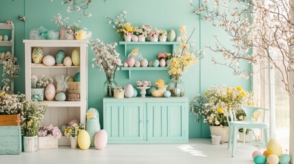A bright, pastel-themed spring setting featuring decorative eggs, flowers, and a turquoise backdrop, ideal for Easter celebrations.