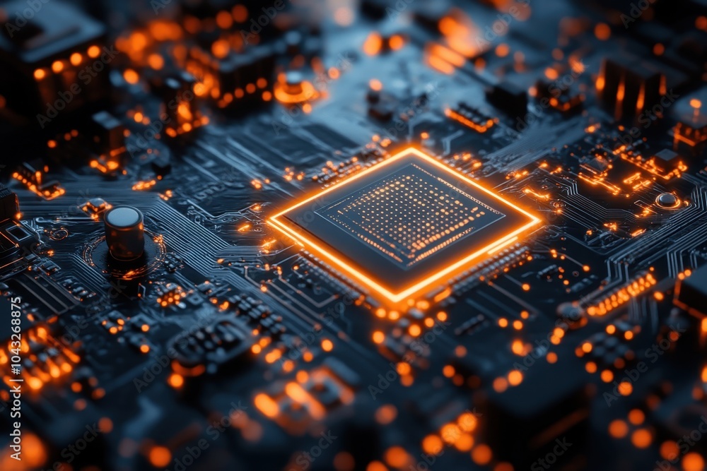 Poster a close-up view of a glowing microchip on a circuit board showcasing intricate electronic pathways