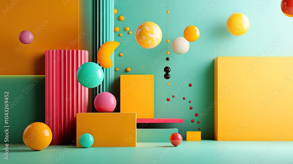 Poster a vibrant abstract scene featuring geometric shapes and colorful spheres against a turquoise backgro