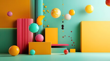 Fototapeta premium A vibrant abstract scene featuring geometric shapes and colorful spheres against a turquoise background, creating a playful and modern visual aesthetic.