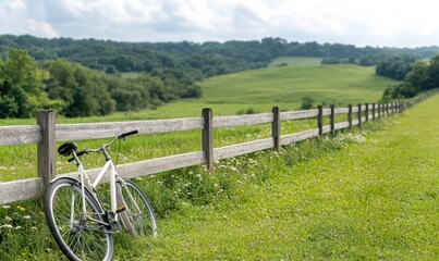 Fototapeta premium A white bicycle leans against a wooden fence in a field of green grass with rolling hills and a blue sky in the distance.