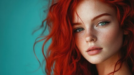 Naklejka premium Redheaded Woman with Freckles Portrait on Blue Background