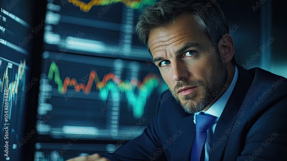 Poster a focused businessman analyzes data on multiple screens, showcasing a high-tech environment with vib