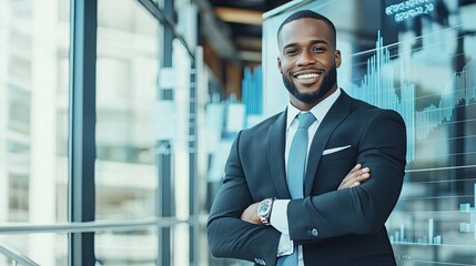 A confident businessman in a suit stands by a large window, smiling with crossed arms, surrounded by financial data graphics.