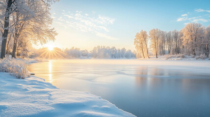 A scenic view of a frozen lake, with a blanket of snow covering the trees and the soft glow of the winter sun in the background