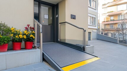 Accessible Entrance with Ramp and Flowers in Sunlight
