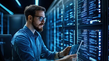 A focused professional analyzes data on a digital tablet in a server room illuminated by cool blue lights.