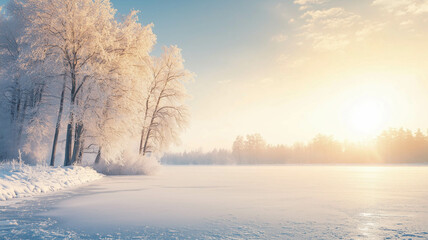 A scenic view of a frozen lake, with a blanket of snow covering the trees and the soft glow of the winter sun in the background
