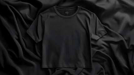 Black T-Shirt Mockup on Dramatic Dark Fabric Background