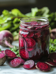 Jar of sliced beets with leafy greens and whole beets.