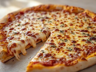 a cheesy slice of pizza, with gooey, stretchy cheese pulling away from the crust, set against a bright white background to highlight the mouth-watering appeal of this beloved dish