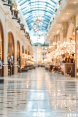 Fototapeta premium Elegant shopping mall interior with ornate lighting, marble floors, and arched architecture, creating a luxurious and inviting atmosphere.