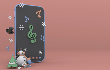 3D illustration of a cartoon snowman with headphones smiling near a smartphone and a Christmas tree on a pink isolated background surrounded by gifts, snowflakes, notes, and balls. Pink and blue theme