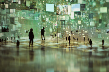 tiny computational images in a giant matrix and map technology infographic. Concept for the connected world through internet and datastreams. 