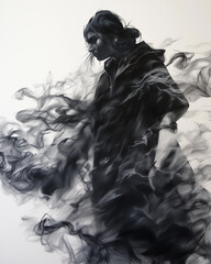 Fototapeta premium woman in a dark hooded cloak stands amidst swirling smoke her form partially obscured by the curling wisps around her