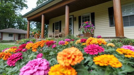 Vibrant Flowers in Bloom by a Cozy Front Porch