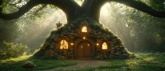 Fototapeta premium Enchanted stone cottage nestled beneath a majestic tree in a sun-dappled forest.